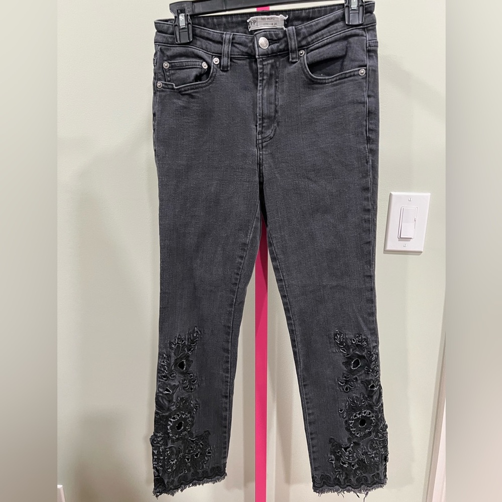 Free People Charcoal Embroidered eyelet jeans